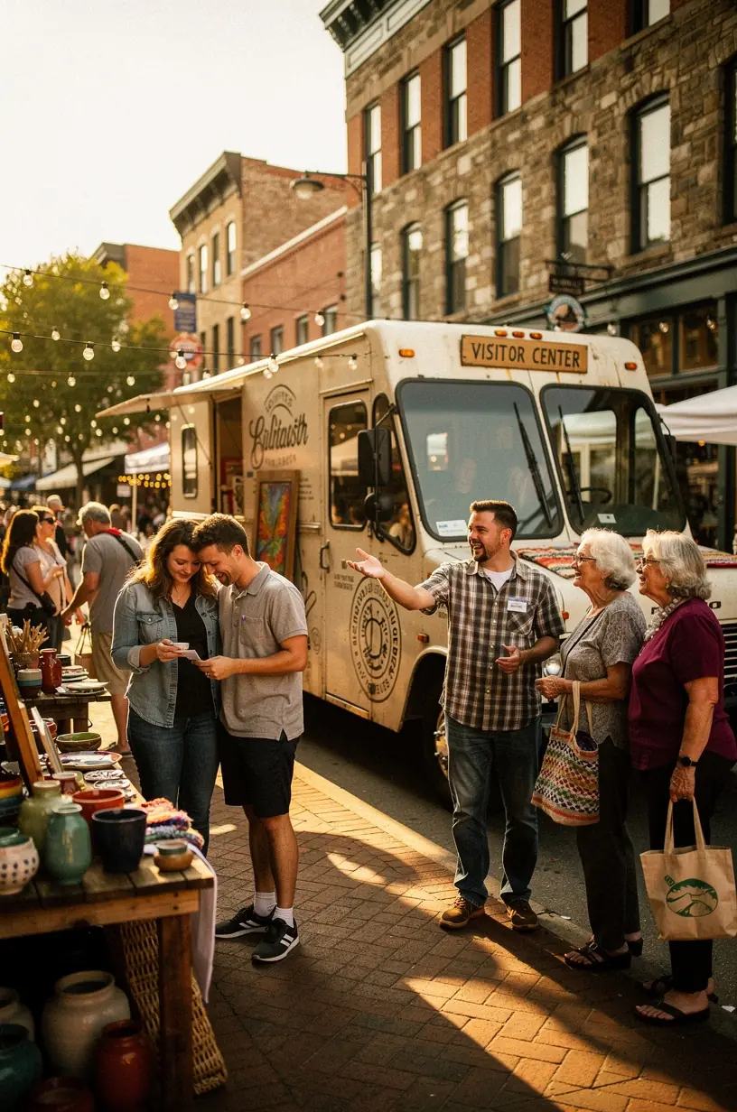 Туристы, получающие консультации и билеты в мобильном центре возле известного американского парка.