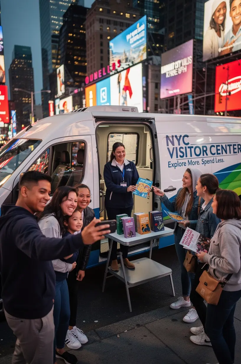 Передвижной информационный центр на базе фургона, припаркованный у туристической достопримечательности в США.