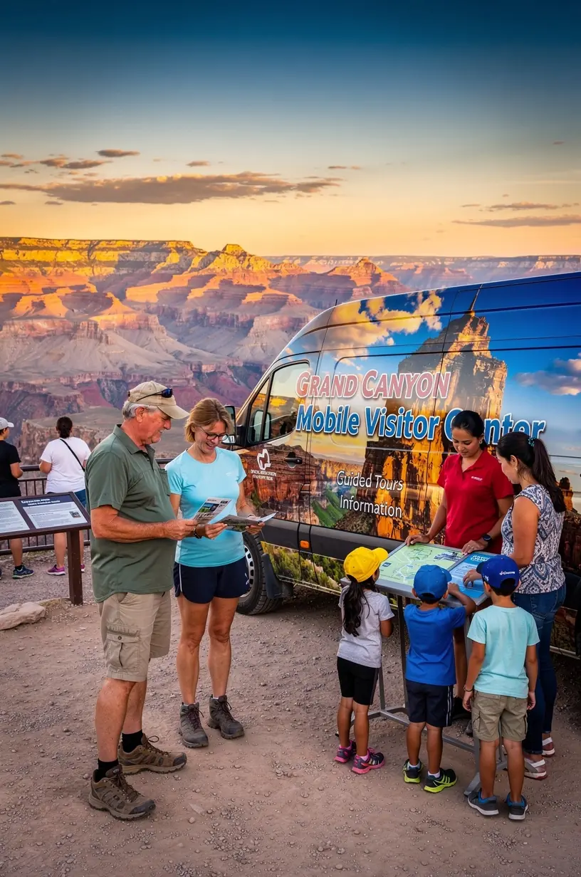 Информационный мобильный центр с гидом, объясняющим туристам маршруты и доступные туры.