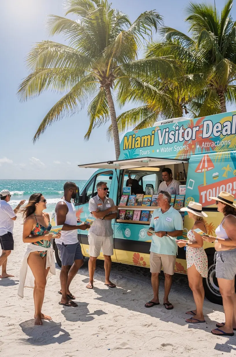 Передвижной центр с рекламой специальных предложений и скидок на экскурсии по США.